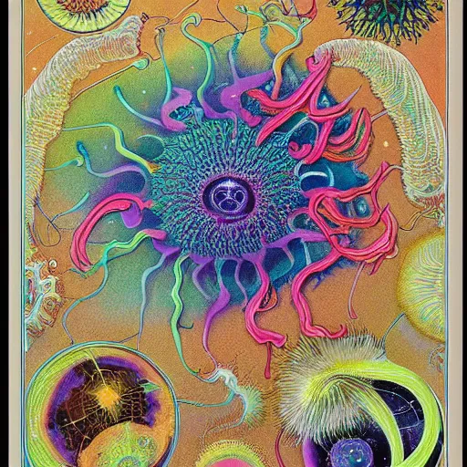 Prompt: colorful space jellyfish by ernst haeckel and geoff darrow