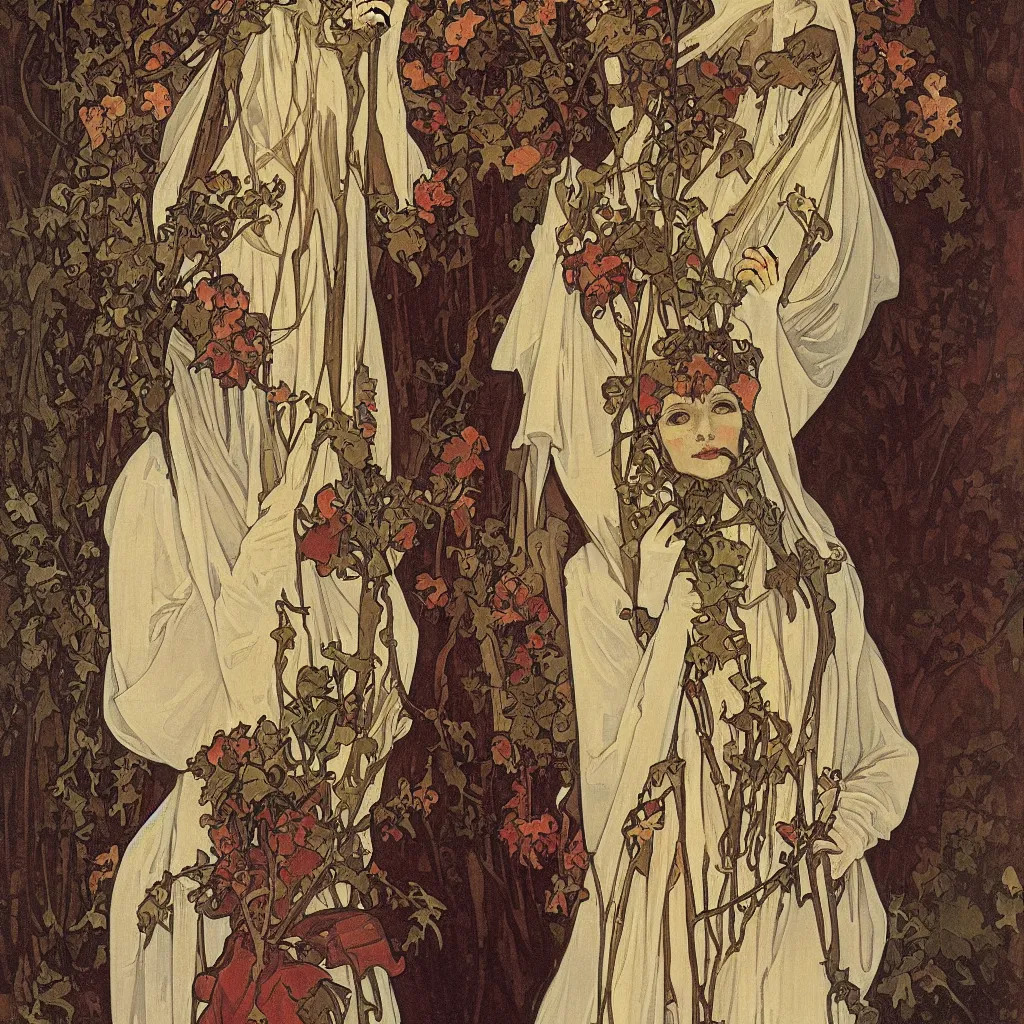 Prompt: A beautiful portrait of a skeleton nun in Romantic style by Alphonse Mucha,oil on canvas