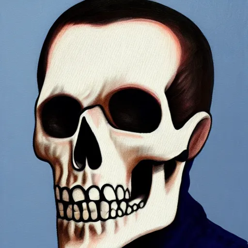 Prompt: a portrait painting of a man with a skull as his head, in the style of stephen gibb, 4 k,