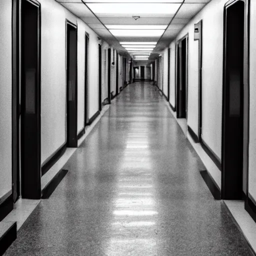 Prompt: a school hallway at midnight with nobody inside, only 1 light can be seen working, liminal space, grainy
