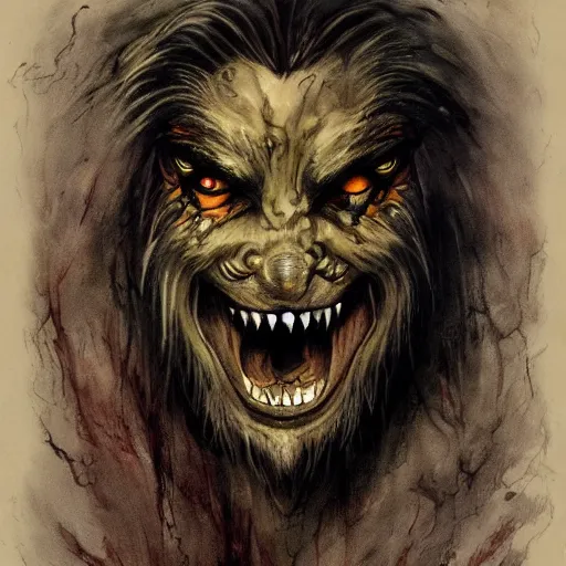 Image similar to werewolf lycanthrope monster makeup grinning one-eyed grimpunk vile reprobate portrait portrait Cyclops Cyclops Polyphemus with tombow odd nerdrum greg rutkowski frank frazetta alexandre briclot Dave Dorman splatterpaint