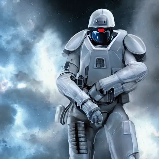 Prompt: close up photograph of an old man who is a veteran of many futuristic wars with short gray hair and blue eyes. he is wearing a white futuristic suit of heavy combat armor and holding a blaster in one hand and a plaster plazma - proof shield in the other. riding a white armored motorcycle charging into enemy lines while firing plasma bolts. scifi