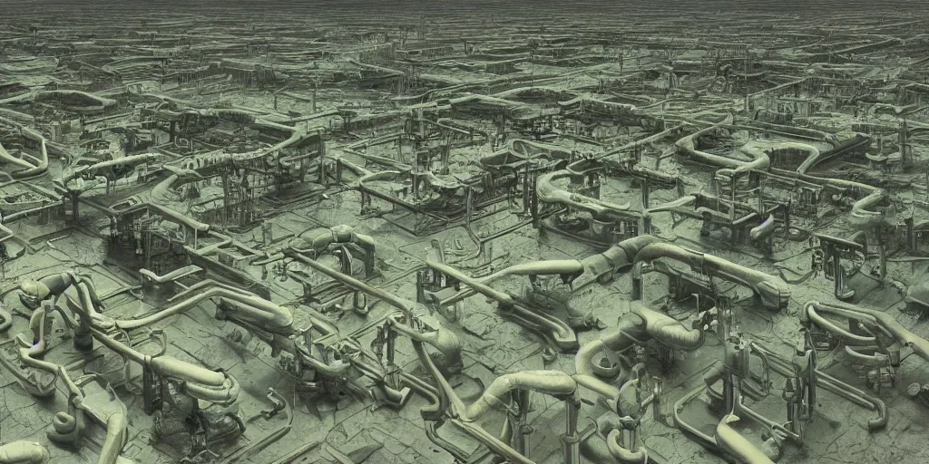 Prompt: hyper detailed digital matte painting of numerous futuristic robotic oil pump jacks, sprawling across empty and parched landscape, by francisco goya, chernobyl style industrial green matte, hypermaximalist, behance hd, a masterpiece, artstation, nightcafe, unsettling, mysterious, odd, by stephan martiniere and alexander fedosav