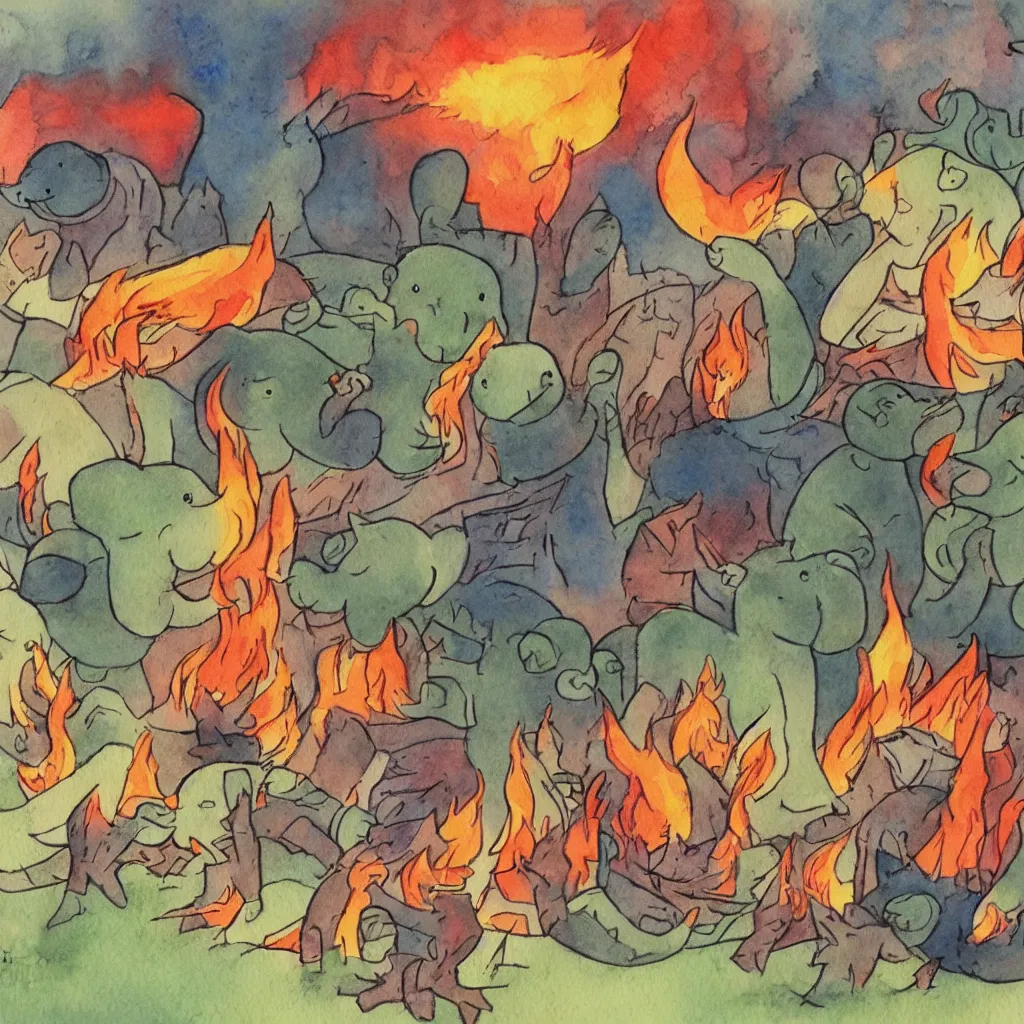 Image similar to babar discovers fire children's illustration watercolor painting