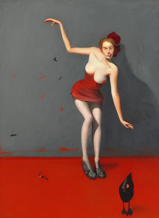 Image similar to a painting of annasophia robb standing on her knees, frozen cold stare, blood red background, transparent gray skirts, stockings, crows swarming trapped in the void as a symbol of death, in style of Edward Hopper, surrealism of Francis Bacon painting, Ilya Kuvshinov, John Singer Sargant, impasto textures of Chaim Soutine and Frank Auerbach, American Gothic, Japanese Gothic,