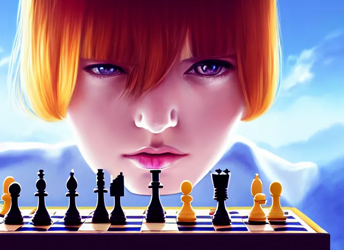 Image similar to a pale ilya kuvshinov playing chess, with gold eyes, straight hair, sky blue hair, long bangs, high collar, concept art, award winning photography, digital painting, cinematic, by wlop, anime key visual, wlop, 8 k, by ross tran, tom bagshaw, andy warhol