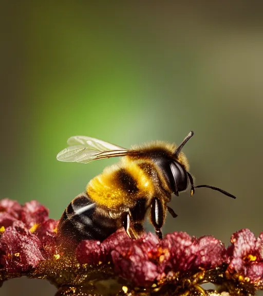 Image similar to super macro photo of a bee made of gold on a flower in a forest. dof. bokeh. magical atmosphere. art by greg rutkowski. lifelike. very detailed 8 k. intricate. soft light. nikon d 8 5 0.