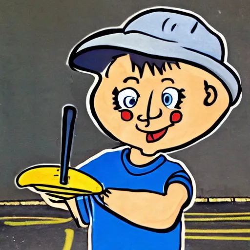 Prompt: a street artist cartoon drawing of a boy in a baseball cap holding an ice cream cone
