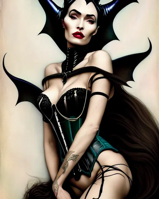 Image similar to new art nouveau portrait of fantasy succubus maleficent megan fox wearing a latex corset, anna dittmann, patrick nagle, charlie bowater and loish. long windblown hair, very large, clear, expressive, and intelligent eyes, ultrasharp focus, dramatic lighting, photorealistic digital matte painting, intricate ultra detailed background.