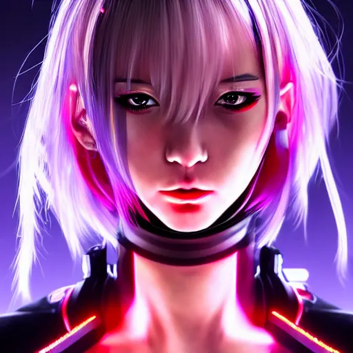 Image similar to An epic comic hyperrealistic portrait anime illustration of a cyber warrrior girl wearing futuristic wardrobe, black and reddis, ultradetailed face expression trending on artstation and artbreeder, cyberpunk 2077 color, heavy rainning at tokyo night, neon light rooftop, unreal 5, DAZ, 8k, unreal 5 engine render, cosplay, RPG portrait, final fantasy Vll world concept, dramatic lighting, rim lights, PS5 render quality
