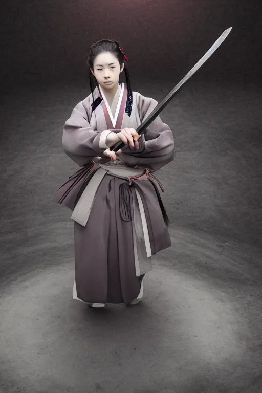 Prompt: highly detailed beautiful photo of a young female samurai, practising sword stances in a temple, symmetrical face, beautiful eyes, realistic anime art style, 8 k, award winning photo, pastels, action photography, 1 / 1 2 5 shutter speed, dramatic lighting