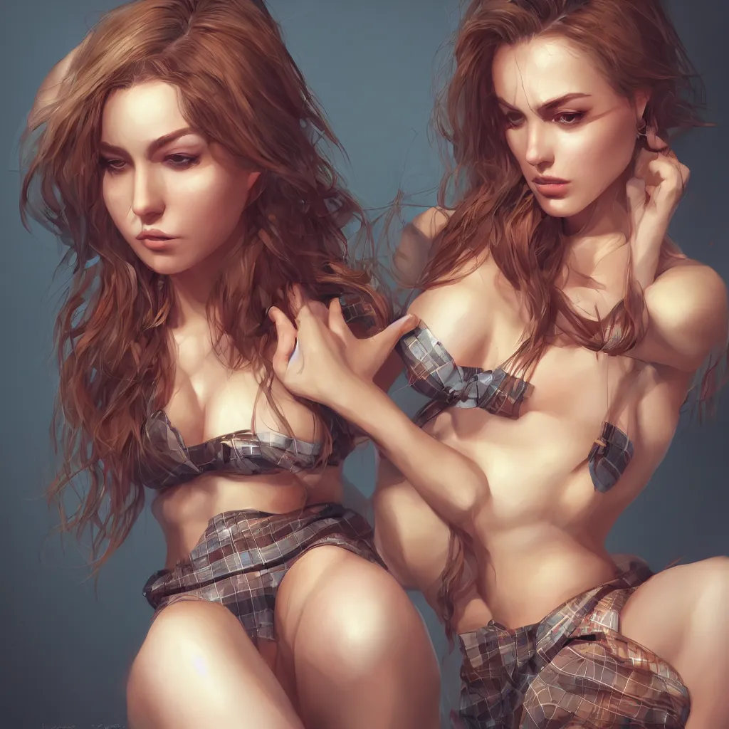 Image similar to a beautiful woman with sultry honey eyes, wearing plaid pleat shorts and drawstring shirred tube top, stunning, highly detailed, digital painting, artstation, hard focus, art by artgerm and wlop