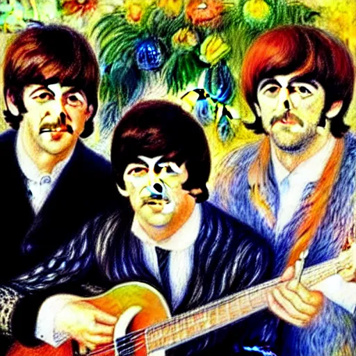 Image similar to Painting of The Beatles, in the style of Renoir, impressionism, oil on canvas