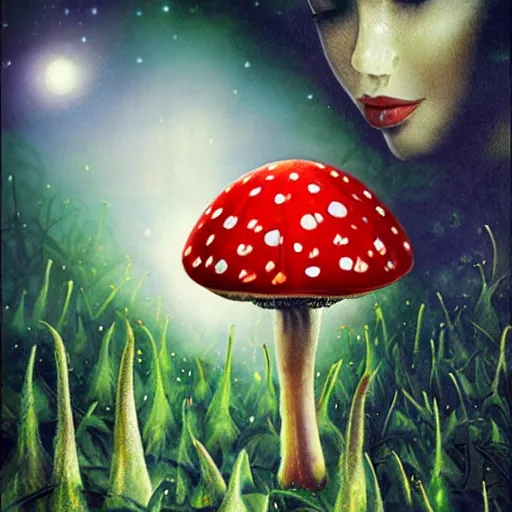 Prompt: beautiful woman smoking weed with amanita muscaria, hyperreal, ethereal, realistic, extremely detailed, space background