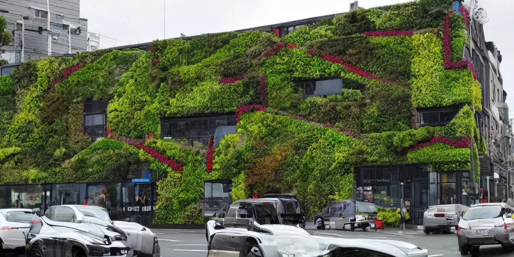 Image similar to a new zealand city street where every building is covered in living walls made of nz native plants