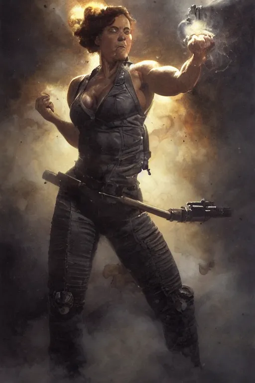 Prompt: fullbody portrait of a big strong muscular female with curly black hairs, angry smile, dressed in a military uniform and firing a gatling gun from her hip, she is inside a starship full of smoke, by greg rutkowski and gaston bussiere and craig mullins and j. c. leyendecker, volumetric lighting, highly detailed portrait, hd,