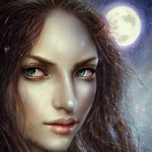 Prompt: masterpiece digital painting realistic portrait of beautiful elf goddess, 3 0 years woman, close face view, soft face, moonlight, elf forest background, at night, by luis royo, warcraft, artstation, deviantart, unreal engine, 8 k, cinematic lights