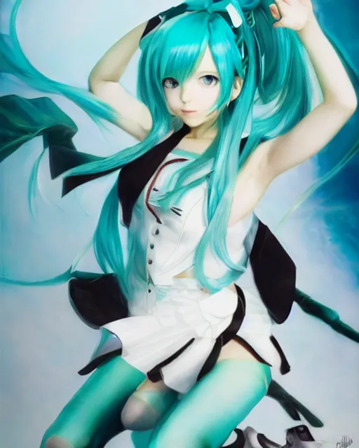 Image similar to beautiful Hatsune Miku by Ruan Jia and Gil Elvgren, fullbody