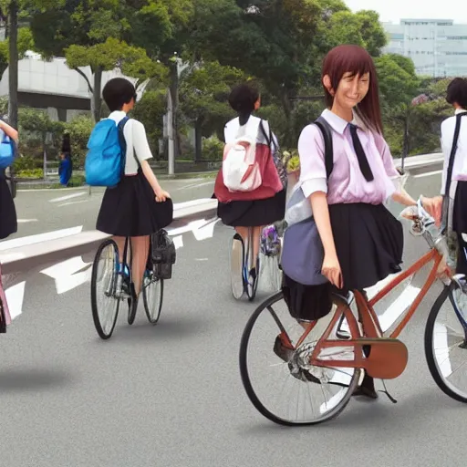 Prompt: too many Japanese high school girls going home on bicycles, by Kyoto Animation