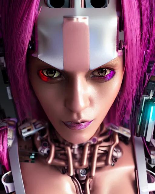 Image similar to portrait of a beautiful mexican woman with pink hair as a cyberpunk cyborg half robot, revealing wires and electronics, sci - fi, missing panels, intricate abstract upper body intricate artwork, concept art, octane render, deviantart, cinematic, key art, hyperrealism, iridescent accents, portrait photograph, nikon 3 5 mm, photograph by greg rutkowski