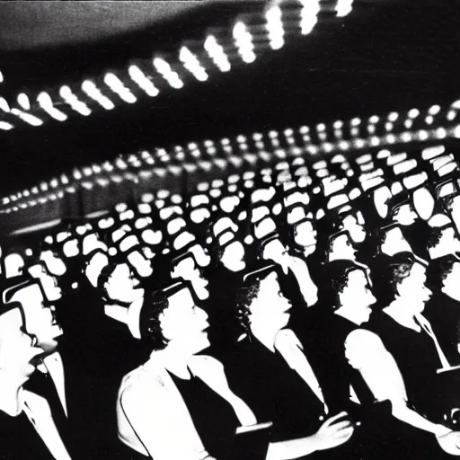 Prompt: 1 9 5 0's movie theatre, full audience all wearing vr headsets. image taken at front of theatre looking towards the crowd. dark only light coming from the screen. audience illuminated