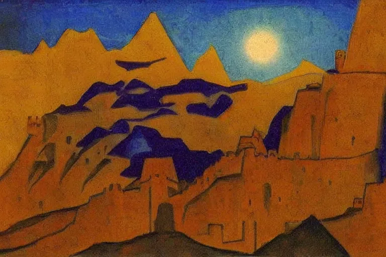 Prompt: A oil painting of a castle in the mountains at night by Nicholas Roerich, by Georgia o Keeffe, by Gustave Moreau