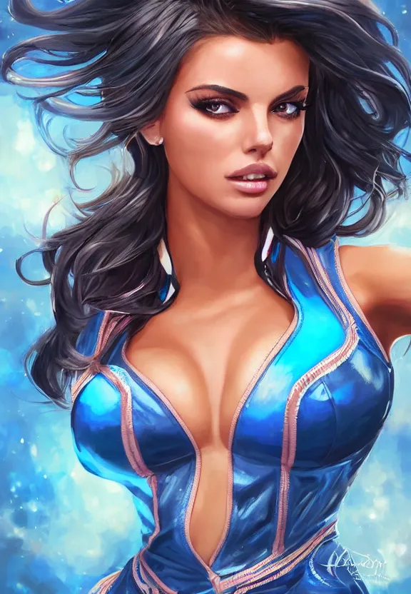 Prompt: Adriana Chechik inas a high school cheer leader, magic overlays, sexy, generous cleavage open jacket, mystique, D&D, fantasy illustration, highly detailed, digital art, intricate, high detailed, painted by artgerm, guweiz, artstation, digital painting, character design, trending on artstation, smooth, sharp focus