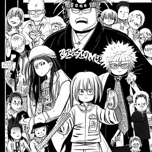 Image similar to “bad grandpa” graphic novel illustrated by Kishimoto published on Shonen Jump 2017 black and white pen and ink highly detailed