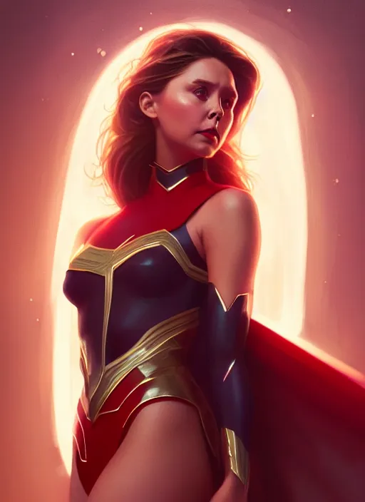 Image similar to portrait of modern darna, elizabeth olsen, intricate, elegant, glowing lights, highly detailed, digital painting, artstation, glamor pose, concept art, smooth, sharp focus, illustration, art by wlop, mars ravelo and greg rutkowski