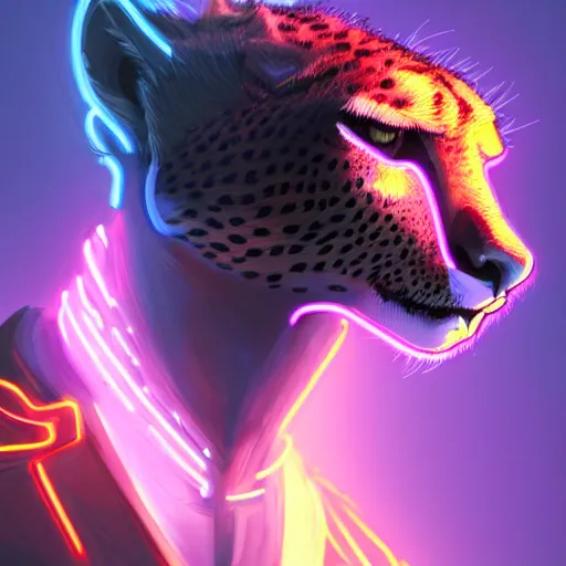 Image similar to a beautiful commission of a male anthropomorphic cheetah wearing a neon jacket,futuristic,detailed face,character design by charles bowater,mohawk,cyberpunk style,deviantart,artstation,art by greg rutkowski,ross tran,professional lighting,neon city,night,raytracing,rtx,highly realistic,4k