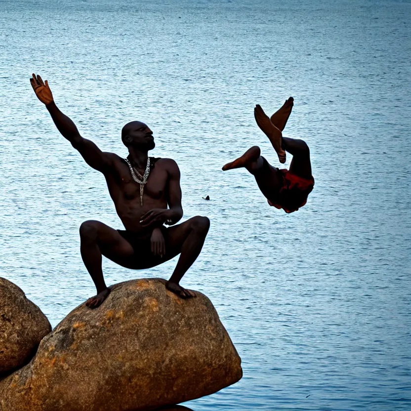 Image similar to an african man with wings sitting upon a large rock in the middle of a calm lake.