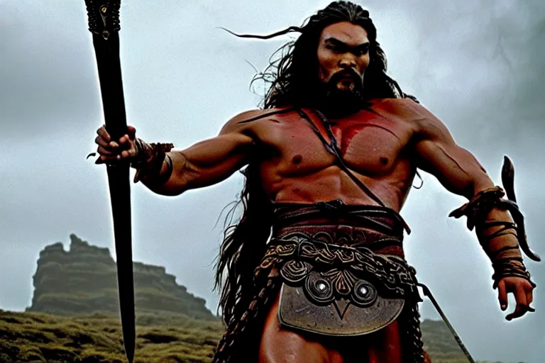 Image similar to 7 0 mm film still from conan the barbarian, jason momoa as conan with a giant sword wearing ornate dragon armor in the wet tombs of medusa skulls and snakes, cinematic, volumetric lighting, mist, wet skin and windblown hair, muscular!!!, heroic masculine pose, ridley scott