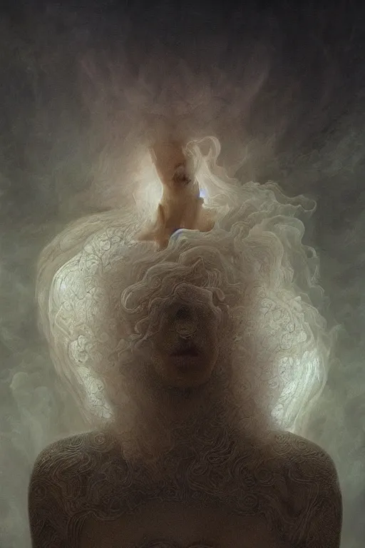 Prompt: Intricate stunning highly detailed pale skinned ethereal being by agostino arrivabene and Vladimir Kush, surreal, digital painting, ultra realistic, Horror vacui, dramatic lighting, full moon, thick black swirling smoke tornado, burning fire embers, artstation