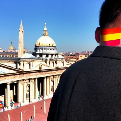 Image similar to artistic photograph of a man showing middle finger with color condom on it from behind by ai weiwei, st peter's basilica slighly out of focus in background