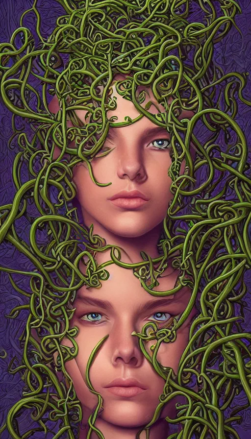 Prompt: very detailed portrait of a 2 0 years old girl surrounded by tentacles, the youg woman visage is blooming from fractal and vines, by greg hildebrandt