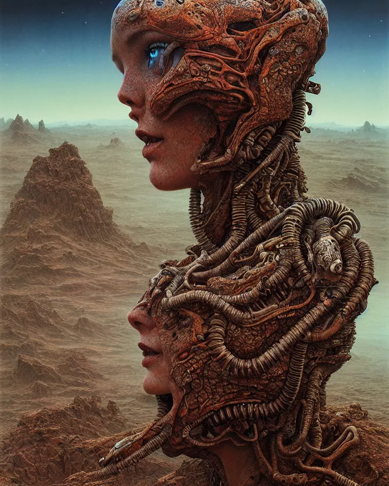 Image similar to ultra realist intricate detailed portrait of a single rugged attractive female on an alien landscape, insanity, accurate features, apocalyptic, very intricate details, 8 k resolution, dim lighting, volumetric lighting, artstyle zdzisław beksinski and keith thompson, award winning