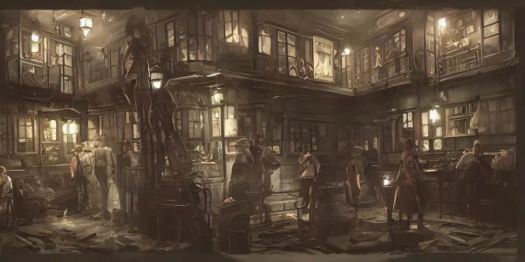 Prompt: arkham horror artbook boarding house interior, dirty workers, detailed trending on artstation