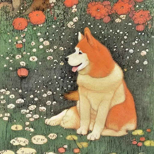 Prompt: red akita inu dog in a moonlit garden, by warwick goble and kay nielsen