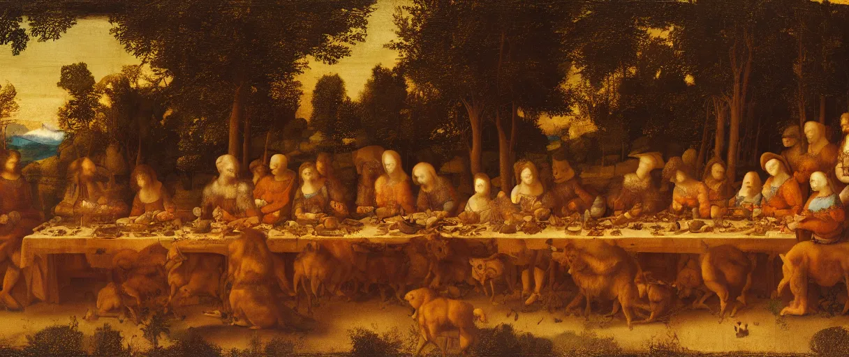 Image similar to A painting by Leonardo Da Vinci featuring a large group of animals sitting at the table, eating dinner. The table is standing in the forest. Golden hour, extremely detailed