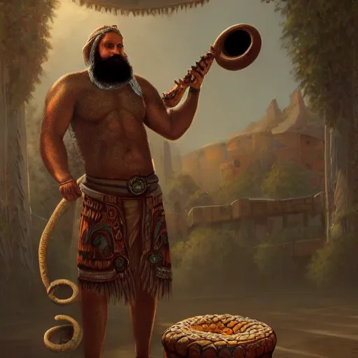 Image similar to Large snake with human upper body bearded bard holding a drum, ornately dressed, standing in populated Baldur\'s Gate city square, hyperdetailed, artstation, cgsociety, 8k