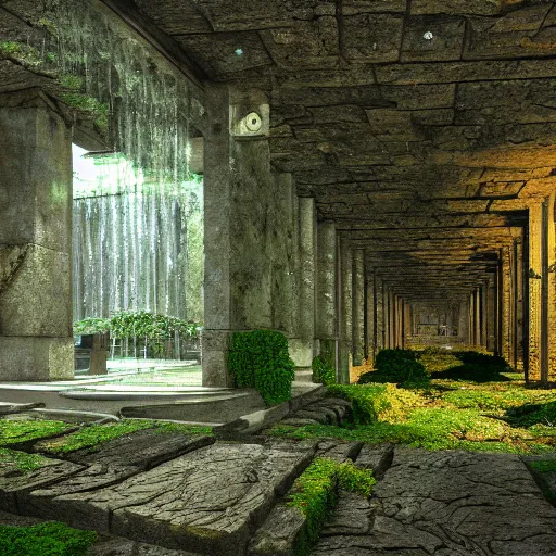 Prompt: An ancient and mysterious computer Integrated Circuit made of stone, mossy foliage, gritty stone texture, terminal screen with an entry menu, large humid, a shaded room with water dripping from the side and huge hallways going to all sides, high ceilings, artistic render, mist, soft light ray