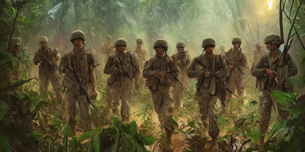 Image similar to a platoon of american soldiers on night patrol in the vietnamese jungle illuminated by napalm strike, beautiful, cinematic, art by artgerm and greg rutkowski and alphonse mucha and loish and wlop