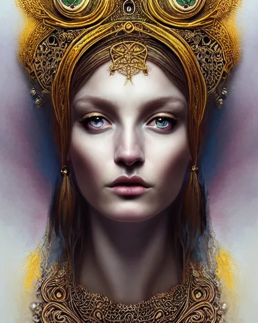 Image similar to portrait of a beautiful goddess, unusual beauty, esoteric, head in focus, fantasy art, ornamental aesthetics, intricate, elegant, highly detailed, hyperrealistic painting, concept art, painterly, sharp focus, illustration, art by ive freya