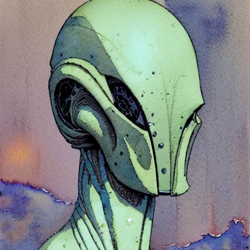 Image similar to a simple and atmospheric watercolour portrait of a pulp sci - fi alien soldier, very muted colors, by rebecca guay, michael kaluta, charles vess and jean moebius giraud