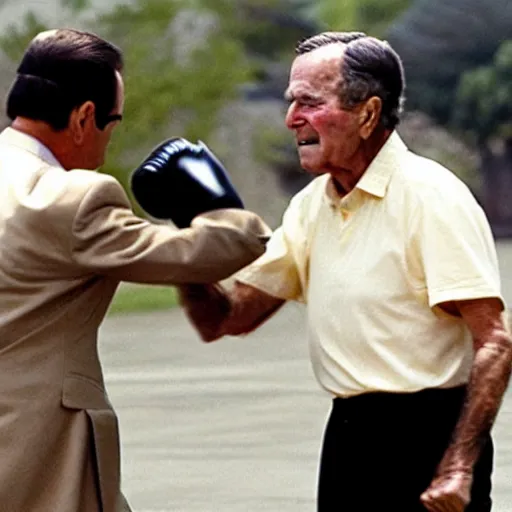 Prompt: George H.W. Bush punches Saddam Hussein, historical photo