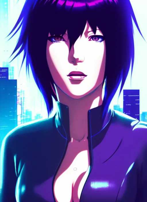 Prompt: a film still fullbody portrait of motoko kusanagi ghost in the shell, finely detailed features, closeup at the faces, perfect art, at a cyberpunk city, gapmoe yandere grimdark, trending on pixiv fanbox, by ilya kuvshinov, rossdraws, artgerm