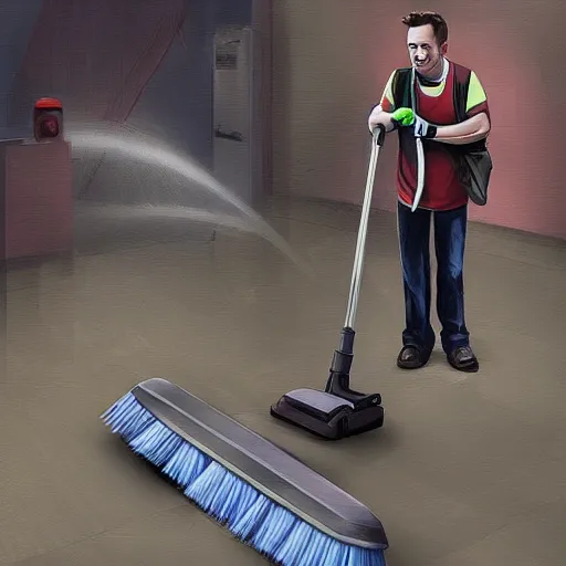 Image similar to a janitor using elon musk as a broom to clean the floor of a dirty empty planet, digital art, trending, award - winning, cinema