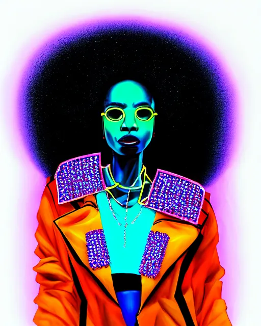 Image similar to afro futuristic portrait of a black woman. vivid neon lighting, colors. fashionable jacket, necklace. cyberpunk style, wearing a crown of blue crystals and diamond studs in the cosmos by manzel bowman