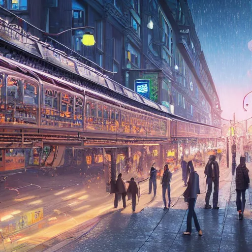 Prompt: ultra realistic illustration and highly detailed digital render of a intricate busy street by the central railway station, inside helsinki, finland, 2 0 2 2, by greg rutkowski and makoto shinkai, nighttime, dark sky, twinkly stars, amazing sky, migrating birds in the sky, colorful street lamps along road, natural stone road, asian style vendors