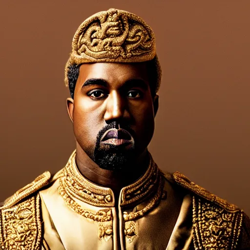 Image similar to Portrait of Kanye West dressed as emperor napoleon, splash art, cinematic lighting, dramatic, octane render, long lens, shallow depth of field, bokeh, anamorphic lens flare, 8k, hyper detailed, 35mm film grain